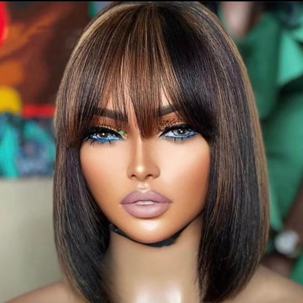 16” blunt bob with bangs synthetic wig mixed black copper chin length